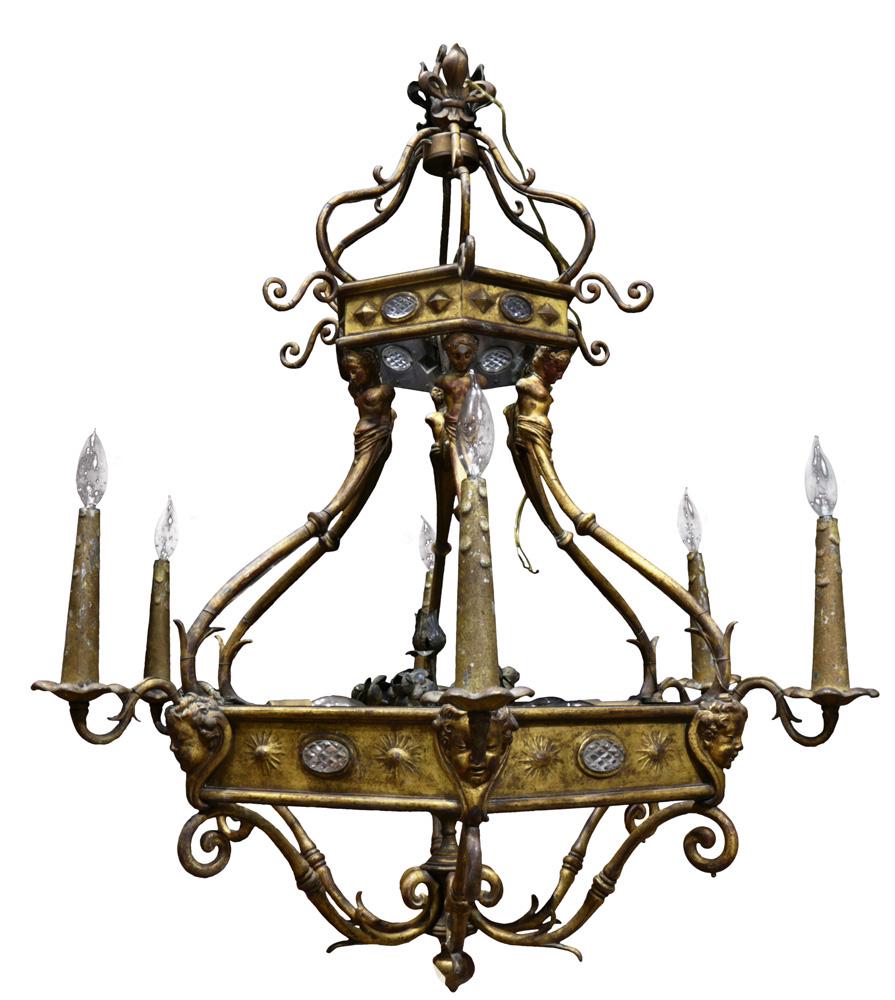 A continental patinated bronze six light chandelier: A continental patinated bronze six light chandelier executed in the Renaissance taste, the tiered form with figural supports continuing to the six lights, each above a putti form mount flanking the cr