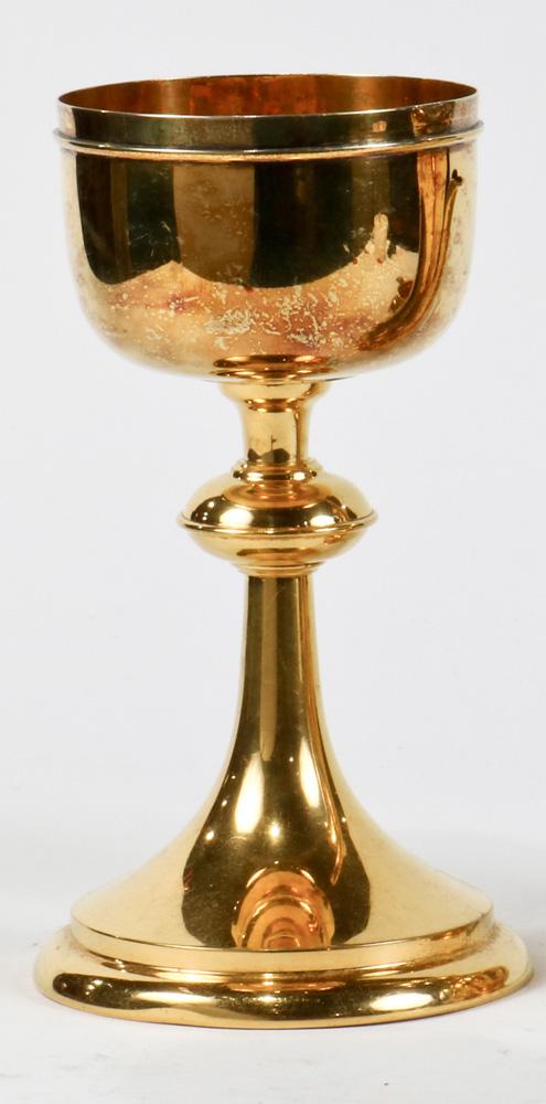 A gilt .800 silver chalice: A gilt .800 silver chalice, rising on a knobbed standard with a spreading base, unmarked, 8.5"h, 11.3 troy oz. Provenance: The Estate of George Germany, Berkeley, CA.