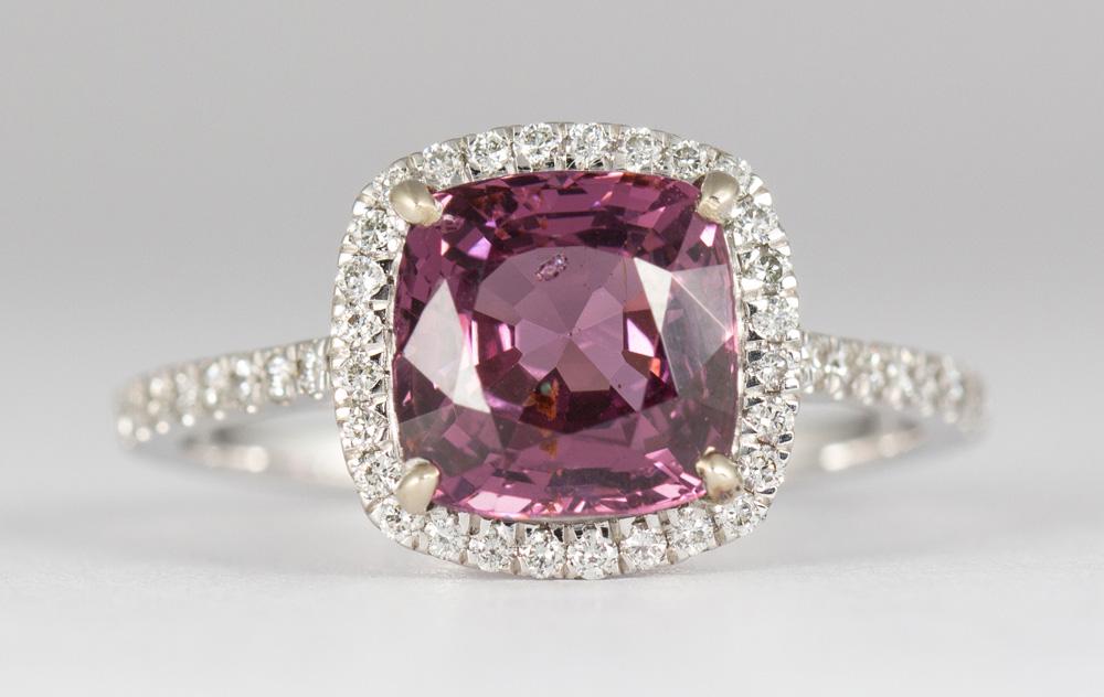 Spinel, diamond, 14k white gold ring: Spinel, diamond, 14k white gold ring Centering (1) square cushion-cut spinel, weighing 2.75 cts., accented by (46) full-cut diamonds, weighing a total of approximately 0.25 ct., set in a 14k white gol