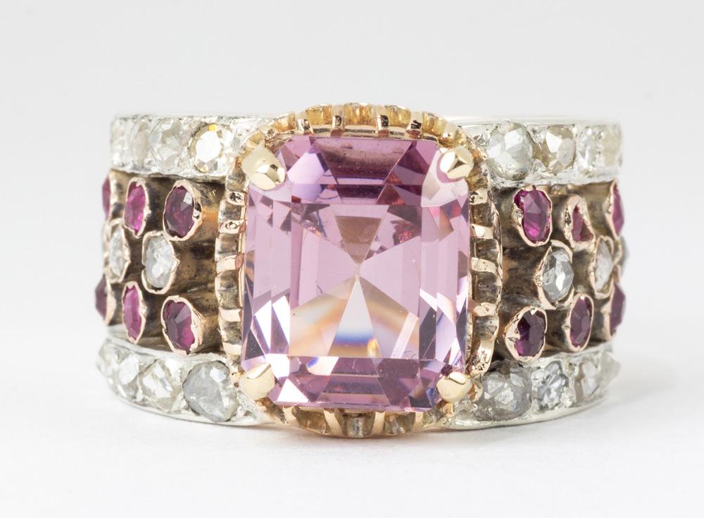 Spinel, diamond, ruby, gold ring: Spinel, diamond, ruby, gold ring Featuring (1) cushion-cut color change spinel, weighing 4.66 cts, accompanied by a Gemological Institute of America (GIA) Spinel Report #2201523066, Dated August 22, 2