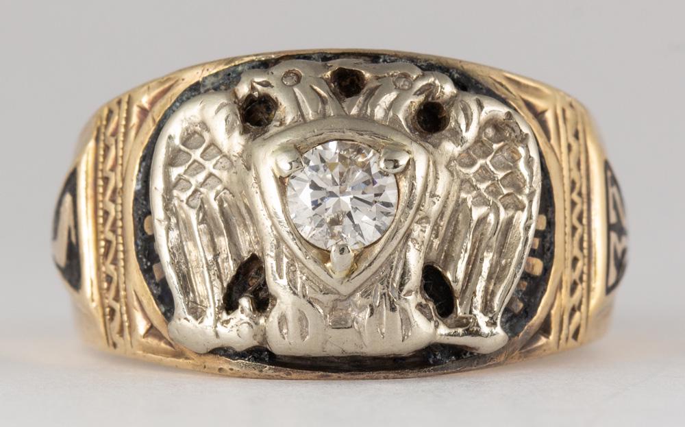 Diamond, enamel, 10k yellow gold Masonic ring: Diamond, enamel, 10k yellow gold Masonic ring Featuring (1) full-cut diamond, weighing approximately 0.25 ct., accented by black enamel, set in a 10k yellow and white gold Masonic mounting, size 11, g