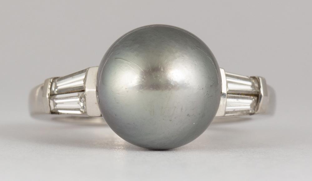Tahitian cultured pearl, diamond, platinum ring: Tahitian cultured pearl, diamond, platinum ring Featuring (1) 10 mm Tahitian grey cultured pearl, flanked by (4) tapered baguette-cut diamonds, weighing approximately 0.60 ct., set in a platinum mount