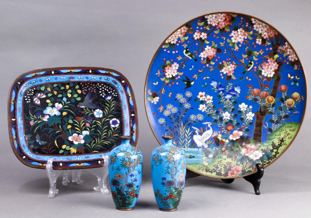 Japanese Cloisonne Plates, Vases: (lot of 4) Japanese cloisonne plates: one with birds in cherry blossom tree and herons by the shore, base signed "Sano"; one with a rounded rectangular plate with four short supports; together with a