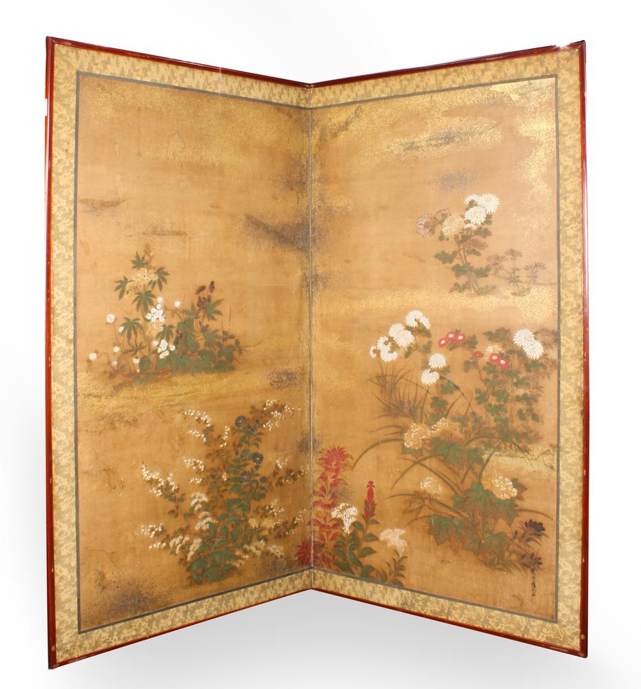Japanese Two-panel Floral Screen, 18c: Japanese two-panel screen, 18th century, various flowers and plants, including chrysanthemums and peonies in ink and color on gold foil, silk border and light brown lacquer frame, approx. 88"h x 37"w 