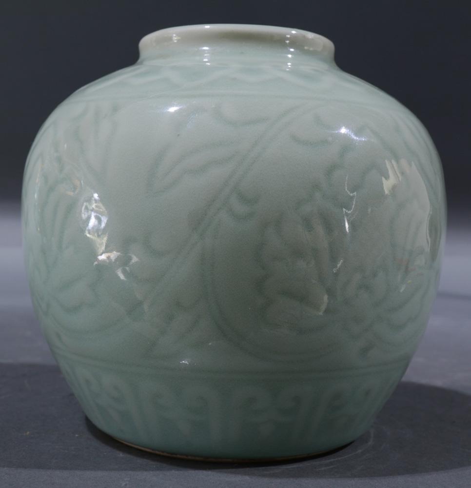 Korean Celadon Vase: Korean celadon glazed vase, short neck above bulbous body, floral pattern, approx. 5.25"h