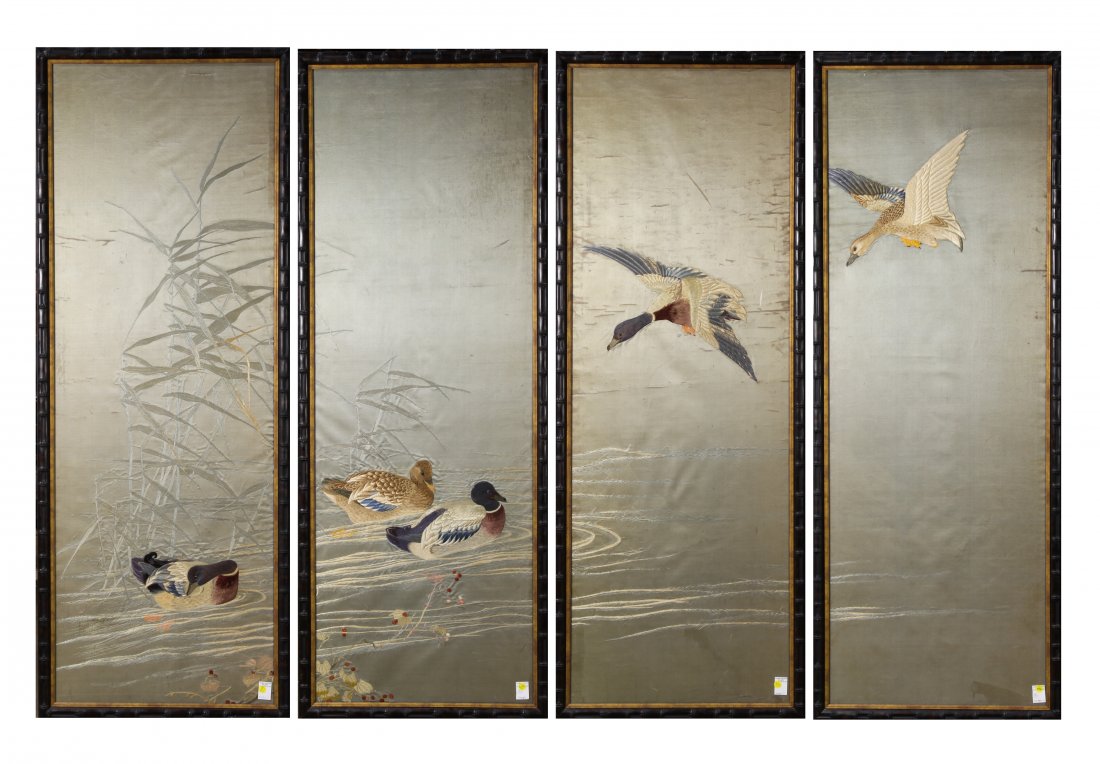 (lot of 4) Japanese Framed Silk Embroidery, Meiji: (lot of 4) Japanese silk embroidery, Meiji period, two with a wild goose each in the air, one with a pair of them in the pond, last with one looking at the pond, each in a bamboo shaped dark brown fra