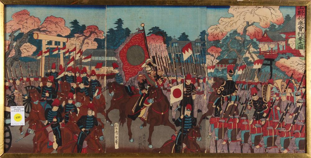 Japanese Woodblock Prints, Chikanobu, Meiji: Toyohara Chikanobu (Japanese,1838â€“1912), "Ueno Kyoshinkai Kokanozu", triptych woodblock prints, with title, signature, dated Meiji 18 (=1885), frame: 14.5"h x 28.75"w
