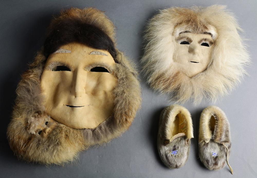 (lot of 3) Eskimo masks and pair of children's moccasin: (lot of 3) Eskimo masks and pair of children's moccasin, largest: 14"l