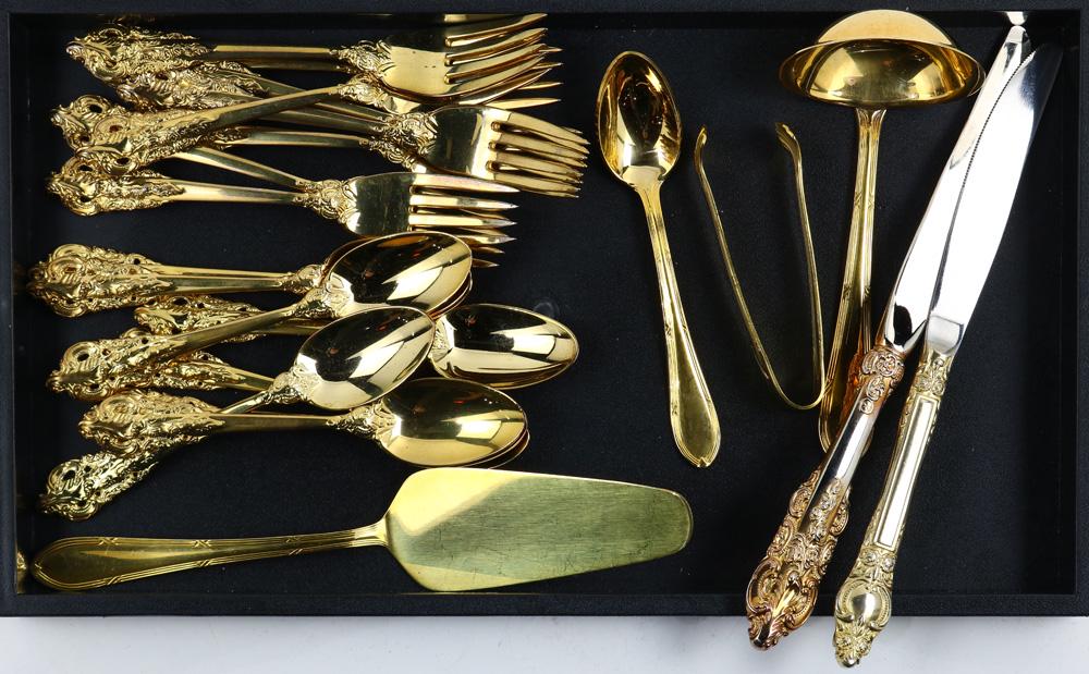 (lot of 14) Godinger Baroque gilt silver plate flatware: (lot of 14) Godinger Baroque gilt silver plate flatware service, consisting of (8) salad forks, and (8) teaspoons together with (2) miscellaneous dinner knives