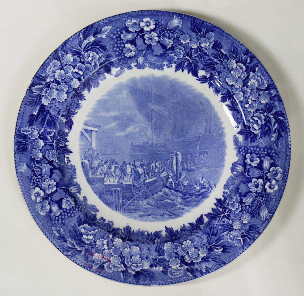 (lot of 6) Wedgwood blue and white plates: (lot of 6) Wedgwood blue and white plates, including "The Boston Tea Party," and "Longfellow's House," etc. each 10.5"dia.