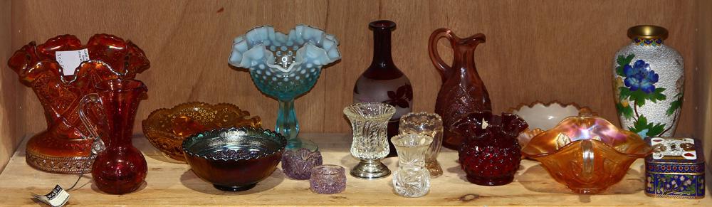 One shelf with Depression and Victorian pressed glass: One shelf with Depression and Victorian pressed glass, a Bohemian decanter, a cloisonne vase and box