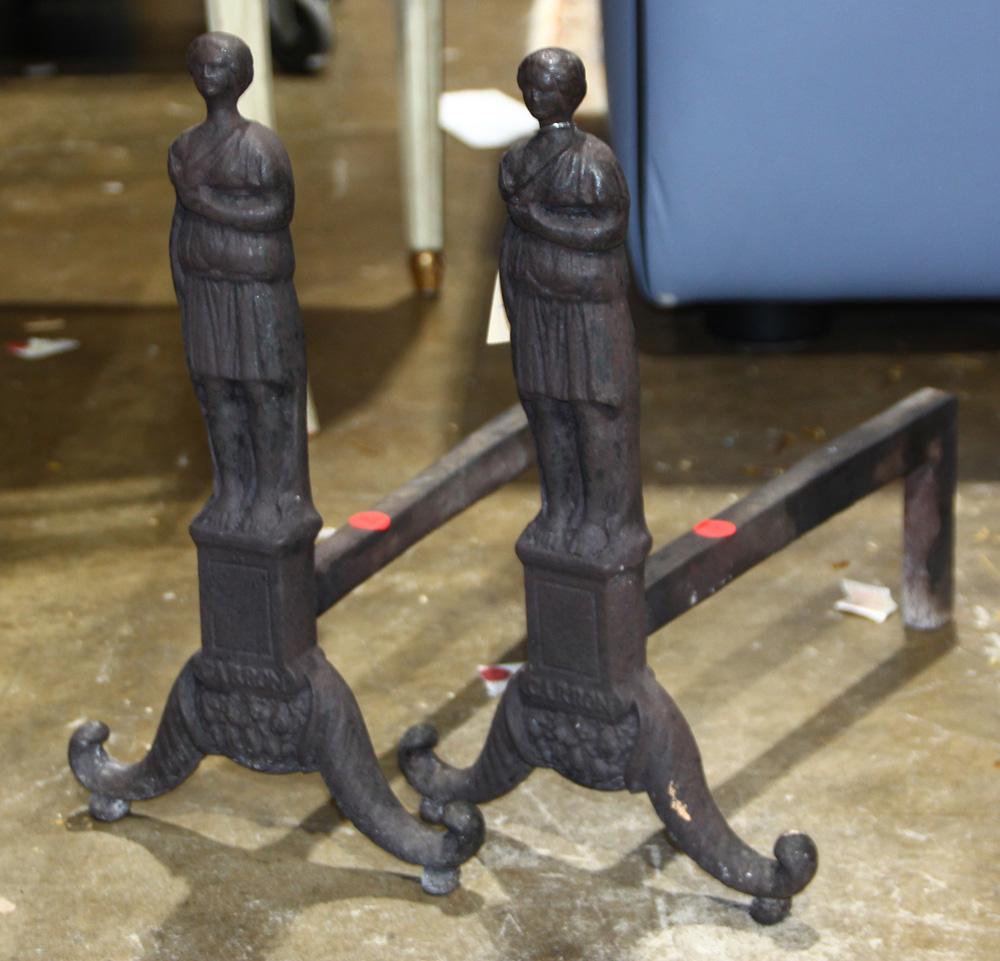 Pair of cast iron figural andirons: Pair of cast iron figural andirons, 15"h