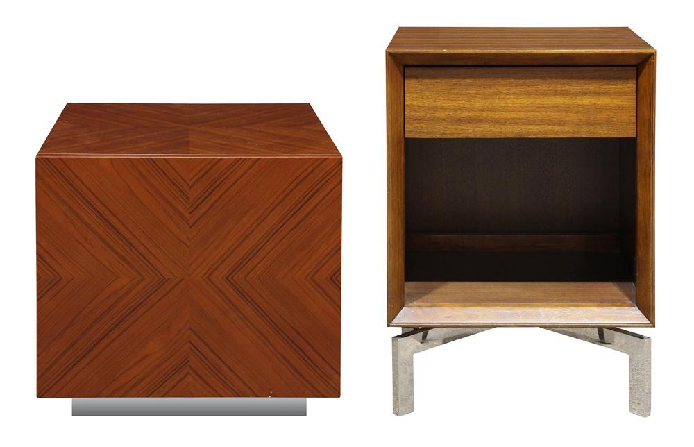 A group of Mid-Century Modern style cabinets: A group of Mid-Century Modern style cabinets, by Mitchell Gold and Bob Williams, each having a rectangular top, one with a single drawer above a lower tier, the other, shorter, having a single door, l