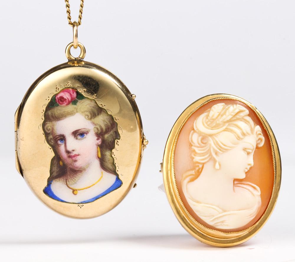 (Lot of 2) Shell cameo, enamel, yellow gold-filled: (Lot of 2) Shell cameo, enamel, yellow gold-filled locket-pendant-brooch-necklace Including 1) shell cameo, 14k yellow gold pendant-brooch; together with 1) enamel portrait, 14k yellow gold locket-pen