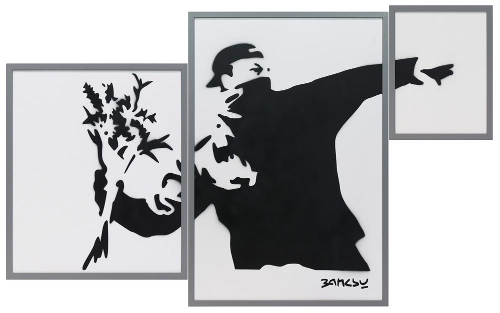 Painting, Manner of Banksy: (lot of 3) Manner of Banksy (British, b. 1974), Flower Thrower triptych, spray paint on canvas, each piece overall: 37"h x 25"w (center), 17.25"h x 13.25"w (right), 25.25"h x 21.25"w (left)