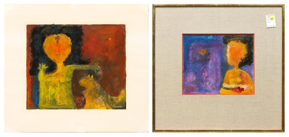 Paintings, Felipe Orlando: (lot of 2) Felipe Orlando (Cuban/Mexican, 1911-2001), "Historias Cinematograficas, Pina Minichelli y su perro Escorbuto," acrylic on paper, sheet: 12.75"h x 14.25"w, and "Historias Cinematograficas Fr