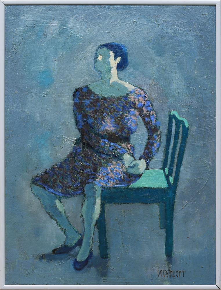 Painting, Jill Davenport: Jill Davenport (American, 20th century), Untitled (Lady Seated on Green Chair), oil on canvas, signed lower right, overall (with frame): 16.25"h x 12.25"w. Provenance: Estate of Jill Davenport