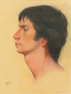 Pastel, Aaron Shikler: Aaron Shikler (American, 1922-2015), "Profile of a Young Man," 1976, pastel on paper, initialed and dated lower left, title plaque lower center, image: 11.5"h x 8.75"w, overall (with frame): 22.25"h x