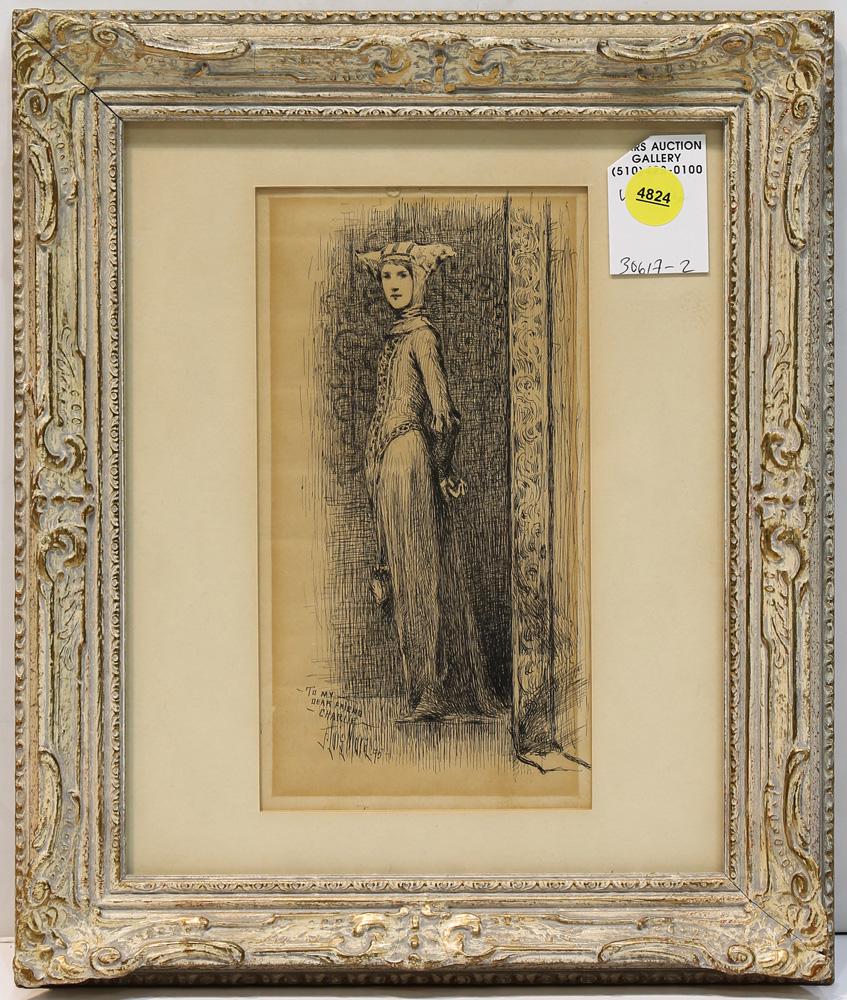 Work on Paper, Franz Luis Mora: Franz Luis Mora (American, 1874-1940), Boy in Costume, 1895, ink on paper, signed and dated lower left, dedicated "To my dear friend Charlie," sight: 8"h x 4"w, overall (with frame): 12.5"h x 10.5"w