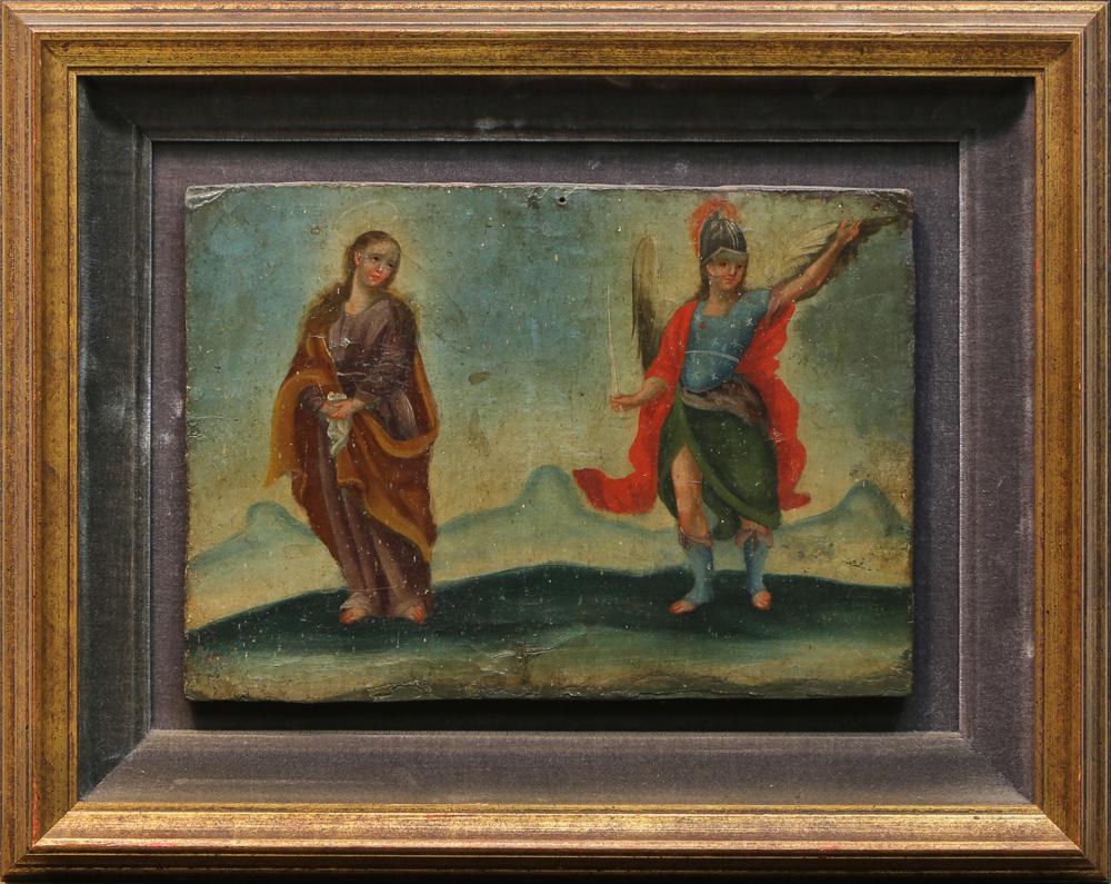 19th century Painting, The Annunciation: Continental School (19th century), The Annunciation, oil on panel, unisgned, overall (with frame): 14.75"h x 18.5"w