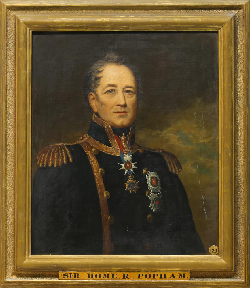 Painting, Portrait of Sir Home R Popham: British School (19th century), "Portrait of Sir Home. R. Popham," oil on canvas, unsigned, with the number "123" on a plaque lower right, overall (with frame): 38.5"h x 33.5"w. Provenance: The Estate