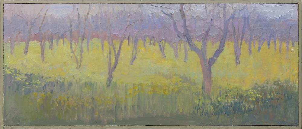 Painting, Follower of Wolf Kahn: Follower of Wolf Kahn (American, b. 1927), Untitled (Spring Trees) acrylic on board, signed "Sabina Yates" verso, overall (with frame): 10.5"h x 24.5"w