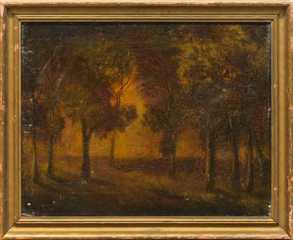 Painting, Follower of Ralph Albert Blakelock: Follower of Ralph Albert Blakelock (American, 1847-1919), Wooded Evening, oil on canvas, signed indistinctly lower left, overall (with frame): 17"h x 20.75"w
