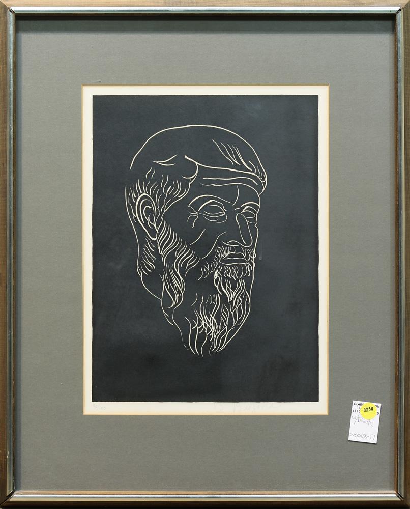 Print and Book, Beniamino Bufano: (lot of 2) Beniamino Bufano (Italian/American, 1898-1970), Roman Man, linocut print, pencil signed lower right, edition 90/100, and book: "Bufano: Sculpture, Mosaics, and Drawings," published by Bufan