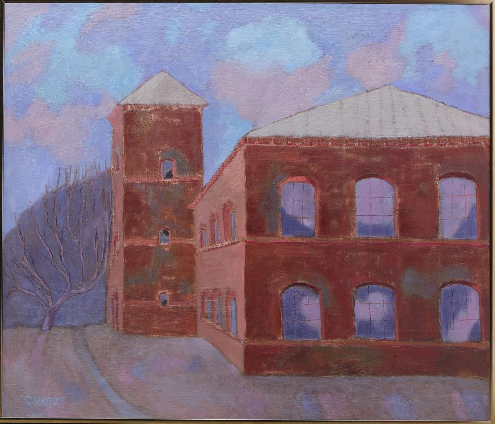 Painting, Jill Davenport: Jill Davenport (American, 20th century), "Cloud Factory," oil on canvas, signed lower left, titled verso, overall (with frame): 24.5"h x 28.5"w. Provenance: The Estate of Jill Davenport.