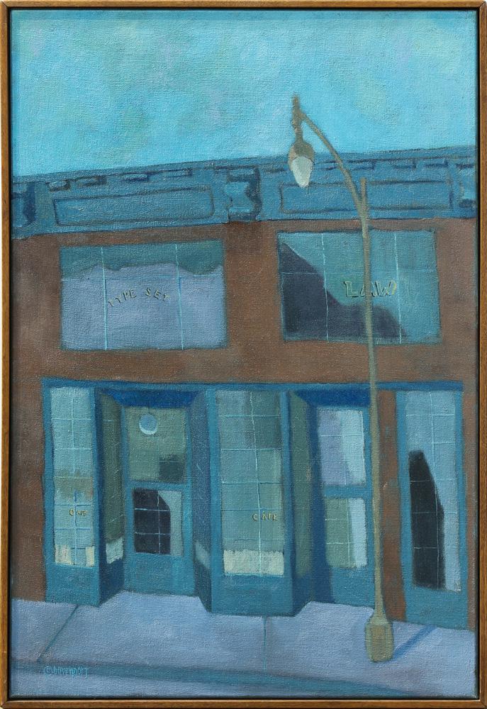 Painting, Jill Davenport: Jill Davenport (American, 20th century), "Blue Cafe," oil on canvas, signed lower left, titled verso, overall (with frame): 24.5"h x 16.5"w. Provenance: The Estate of Jill Davenport