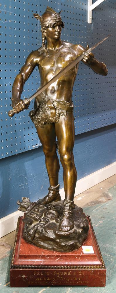 Bronze sculpture, Andre-Paul-Arthur Massoulle: Andre-Paul-Arthur Massoulle (French, 1851-1901), "Le Gaulois vainqueur," 1880, bronze sculpture, signed lower center, Thebaut Freres Fondeurs, Paris foundry mark verso, sculpture: 29.75"h x 13"w x 11.