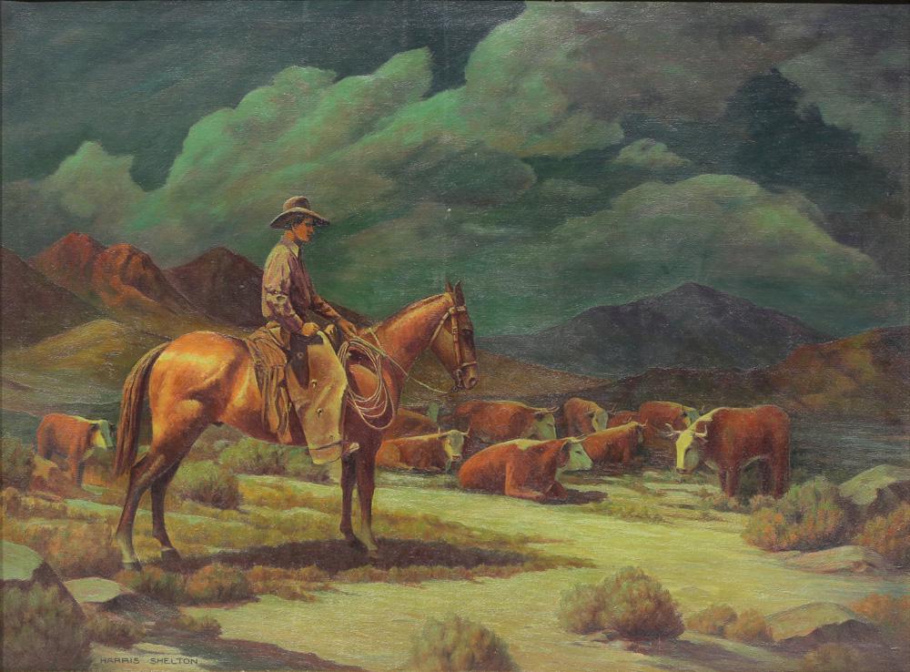 Painting, Harris Shelton: Harris Shelton (American, 1896-1976), Cowboy on Horseback, oil on canvas, signed lower left, canvas: 30"h x 40"w, overall (with frame): 35"h x 45"w