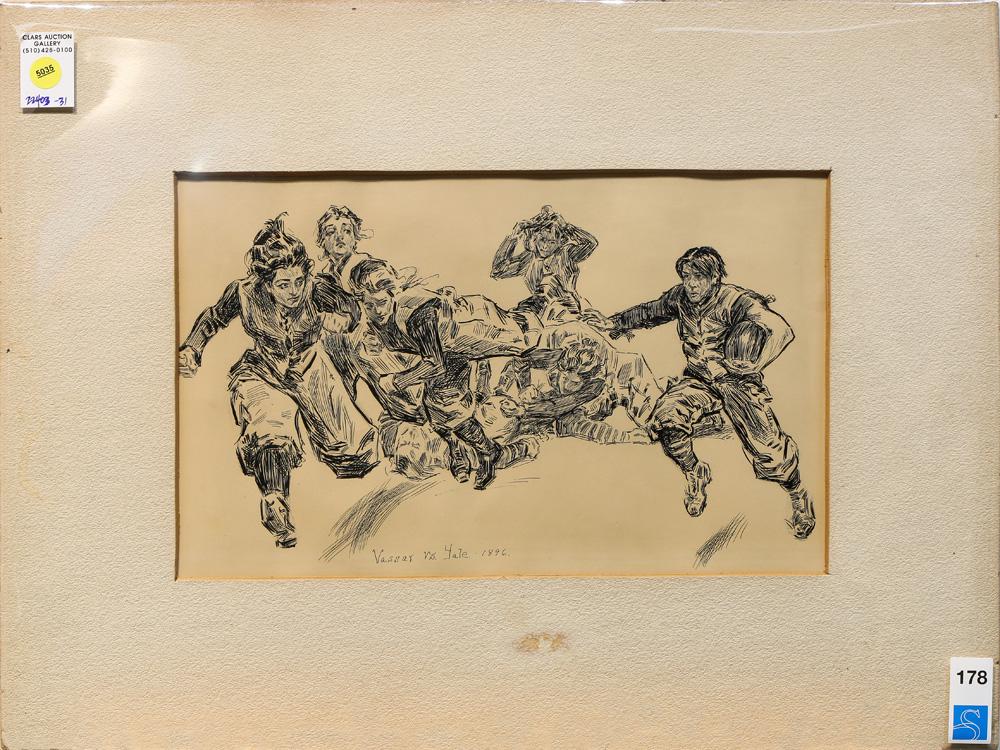 Drawing, Attributed to Charles Dana Gibson: Attributed to Charles Dana Gibson (American, 1867-1944), "The Coming Game - Vassar vs Yale," 1896, ink and pencil on paper, titled and dated lower center, unsigned, sight: 9.5"h x 15"w, overall (with 