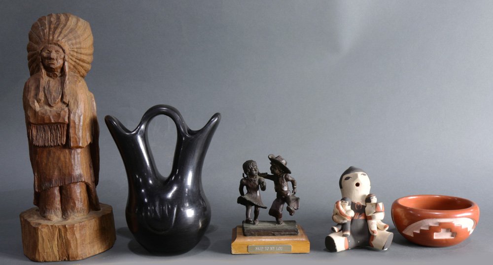 (lot of 5) Native American and Western group: (lot of 5) Native American and Western group: (2) Santa Clara vessels including a Sharon Garcia black ware jar and a Phyllis Tofoya bowl, an earthenware figure of a mother with children, an Indian chi