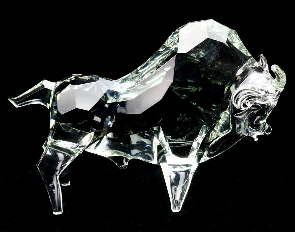 A Licio Zanetti Vetri for Murano art glass model of a: A Licio Zanetti Vetri for Murano art glass model of a bull, the horned animal with four legs spread out, executed in clear, signed on bottom Zanetti Licio, 11"h x 16"w