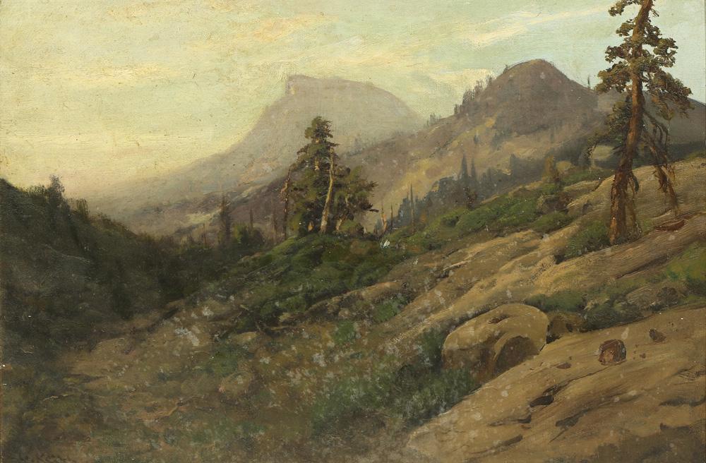 Painting, William Keith: William Keith (American, 1838-1911), Untitled (Mountain Clearing), oil on canvas (laid down on masonite), signed lower left, board: 16"h x 24"w, overall (with frame): 22"h x 30"w
