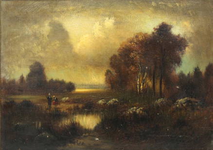 Painting, Attributed to George Henry Bogert: Attributed to George Henry Bogert (American, 1864-1944), Untitled (Wooded Landscape with Figures and Marshes), oil on canvas, unsigned, artist title placard affixed lower center, canvas: 18"h x 25"w,