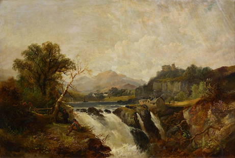 Painting, George William Horlor: George William Horlor (British, 1823-1895), Untitled (Landscape Lake Scene with Figures and Waterfall), canvas: 29"h x 42"w, overall (with frame): 36.5"h x 49.5"w