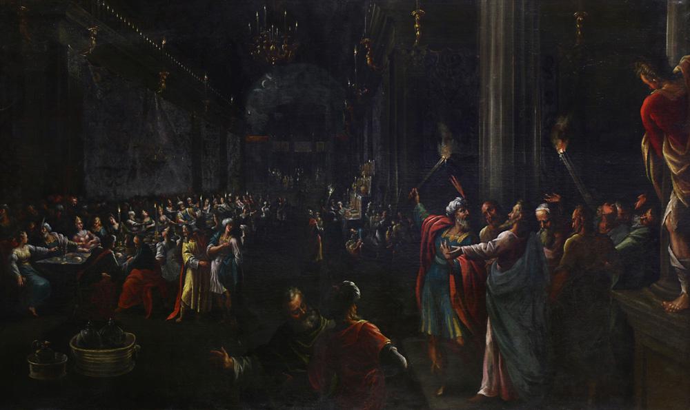 Painting, Alessandro Maganza: Alessandro Maganza (Italian, 1556-1630), "Belshazzar's Feast," oil on canvas, unsigned, canvas: 44.5"h x 74"w, overall (with frame): 51.5"h x 80"w. Provenance: Purchased at Sotheby's London, New Bond