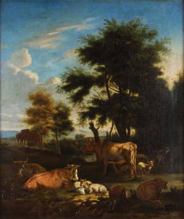 Painting, Follower of Adriaen van de Velde: Follower of Adriaen van de Velde (Dutch, 1636-1672), Untitled (Landscape with Farm Animals, oil on canvas, bears signature lower left center, late 19th century, canvas: 20.5"h x 17"w, overall (with fr
