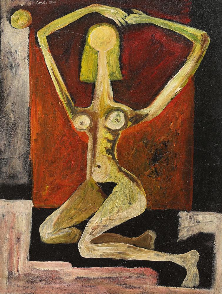 Painting, Manner of George Condo: Manner of George Condo (American, b. 1957), Nude Woman Reclining, 1988, oil on board, bears signature and date upper left, board: 24"h x 18"w, overall (with frame): 28.25"h x 22.5"w