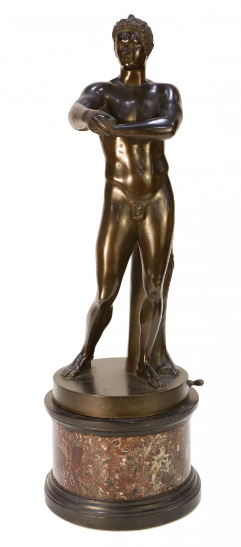 Sculpture, Male Nude holding Dice: European School (19th century), Male Nude holding Dice, bronze sculpture on marble base, unsigned, overall (with base): 6"w x 18.5"h x 7.5"d. Provenance: The Estate of George Germany, Berkeley, CA.