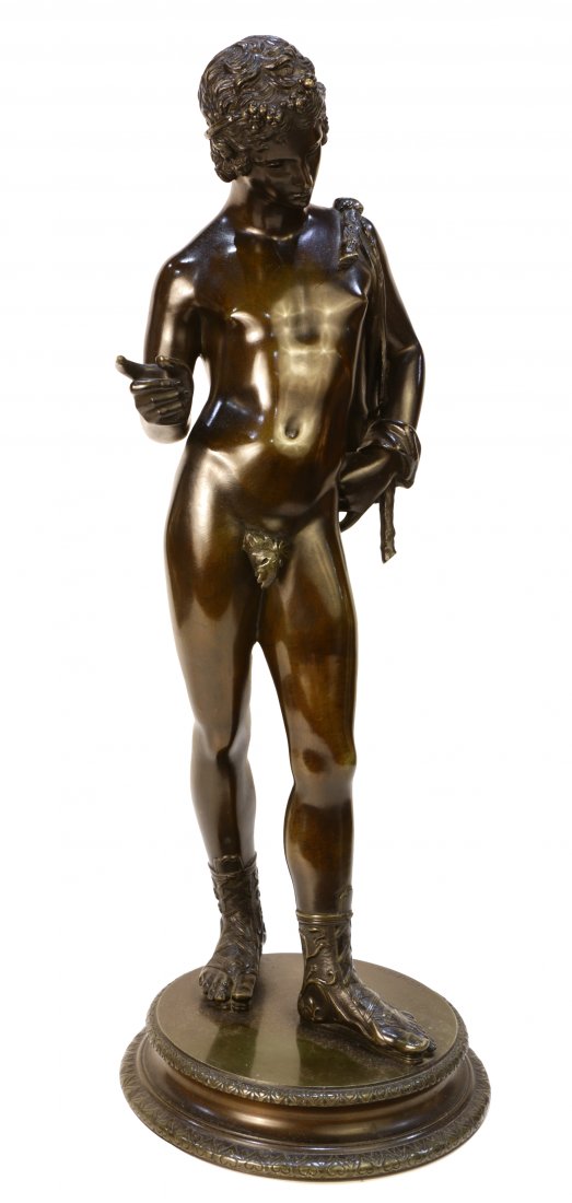 Sculpture, Jacques Duchemin: Jacques Duchemin (German, 19th century), Classical Nude Male, bronze sculpture, signed on base, overall (with base): 19.5"h x 7.5"w x 7.25"d. Provenance: The Estate of George Germany, Berkeley, CA.