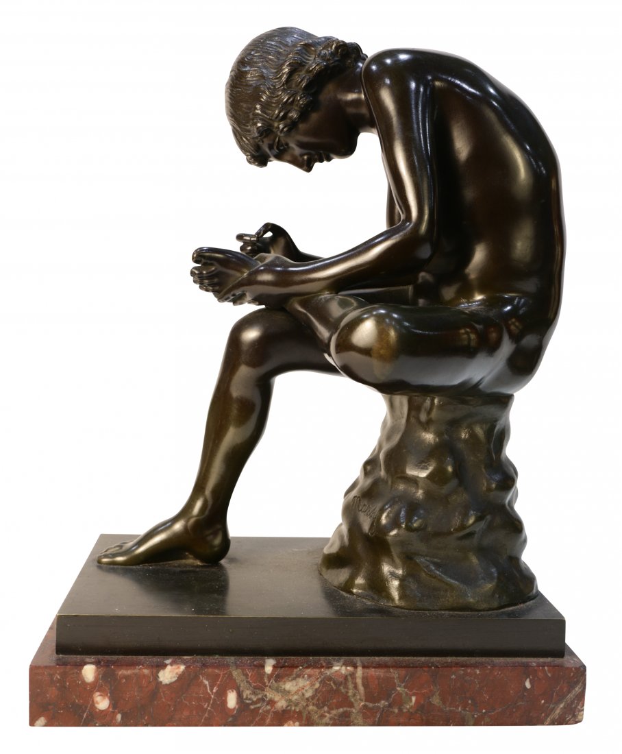 Sculpture, After Gaspard Marsy: After Gaspard Marsy (French, 1624-1681), Seated Young Male, bronze sculpture with green patina, bears signature lower center, 20th century, overall (with base): 14.5"h x 8"w x 10.5"d. Provenance: The