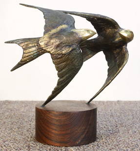 Sculpture, Les Perhacs: Les Perhacs (American, b. 1940), Swallows, 1970, bronze sculpture atop a wooden base, signed inside wing, dated and numbered 1/12, overall (with base): 8"h x 7.5"w x 7"