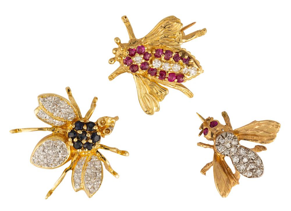 (Lot of 3) Diamond, ruby, sapphire, 14k yellow gold bee (1 of 5)