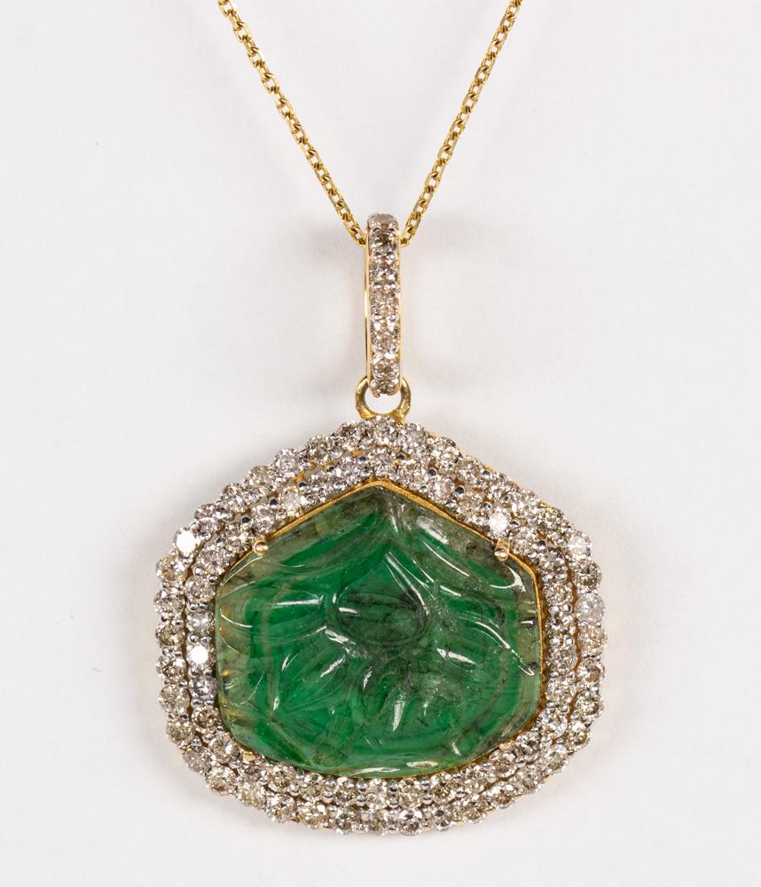 Carved emerald, diamond, 18k yellow gold (1 of 2)