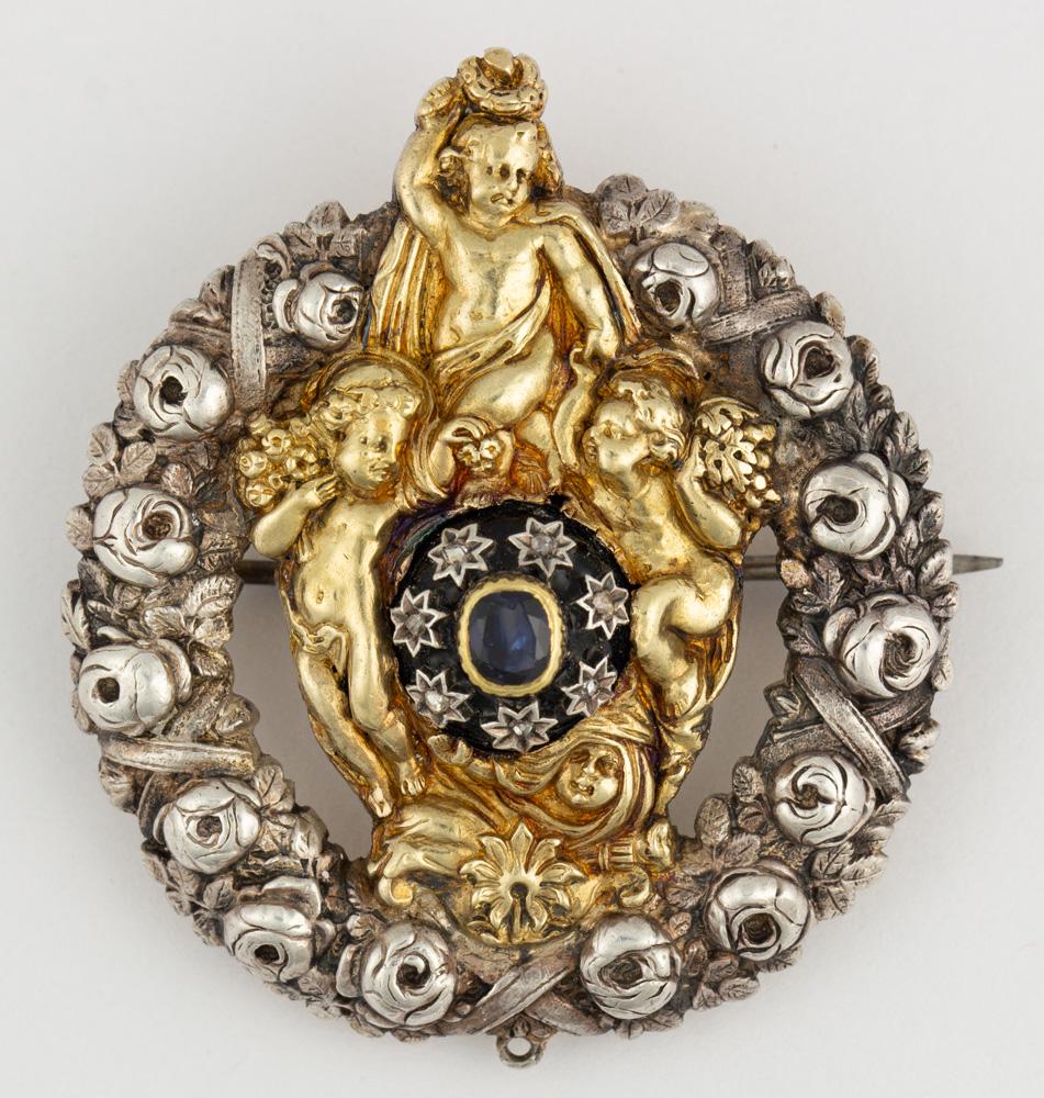 Sapphire, diamond, enamel, silver-topped 14k yellow (1 of 2)