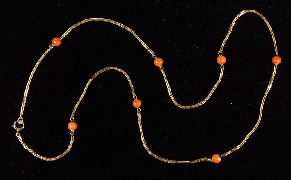Coral bead, 14k yellow gold necklace (1 of 1)