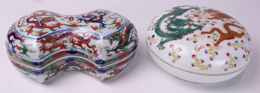 (lot of 2) Two Chinese Lidded Ceramic Dragon Boxes (1 of 6)